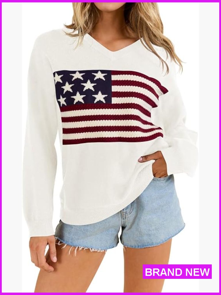 Long Sleeve Crewneck Graphic Usa Sweater Loose Fit Knit Pullover Casual